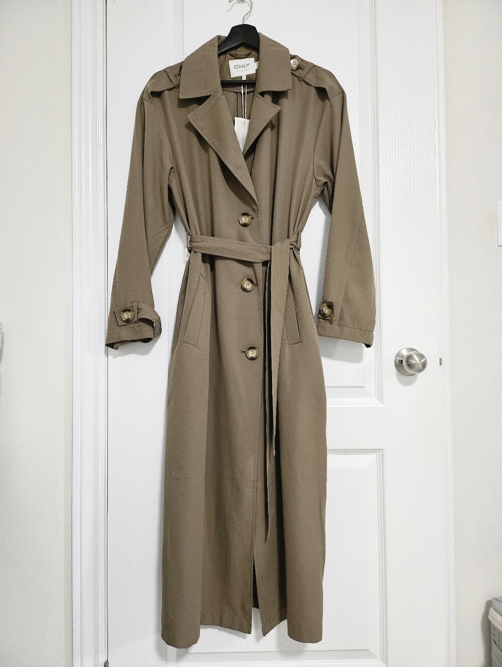 ONLY Womens Trench Coat - Taupe Belted Long Coat